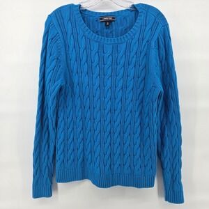 Lands End Sweater XL Turquoise Blue Cable Knit Cotton Preppy Bright Colorful